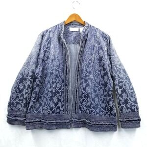Vtg‎ Bleu Bayou Jacket Women 2X Blue Cotton Damask Ruffle Trim Lagenlook Artsy